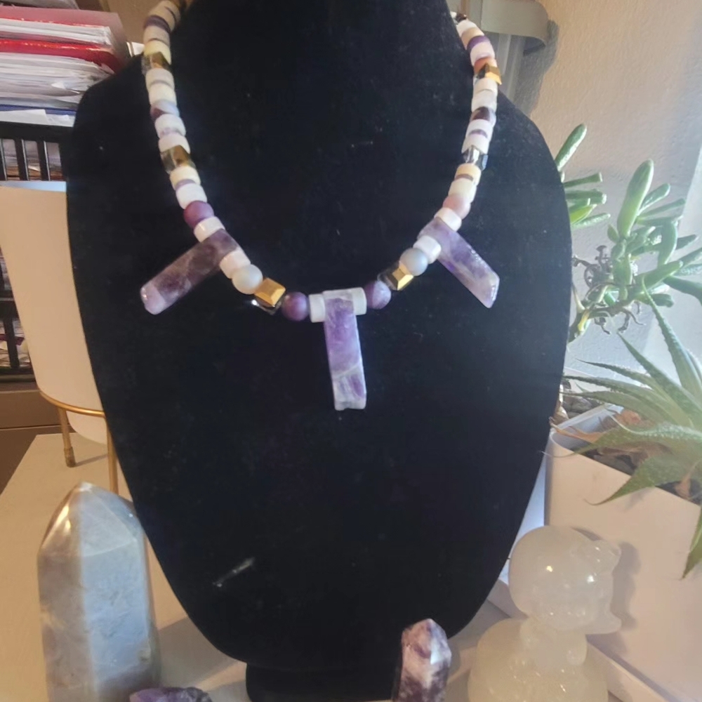 Handmade Amethyst and agate purple beaded one of a kind chakra healing  necklace